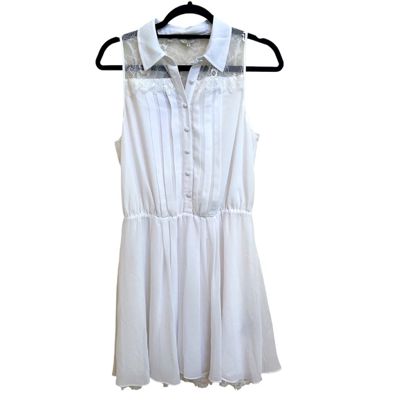 NWT! Guess Preppy Collard White Pleated Sleeveless Shirt Dress w/ Lace in Medium - Picture 3 of 14